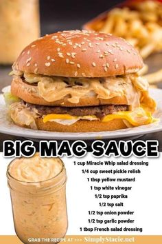 a poster with an image of a big mac and cheese sandwich next to a jar of macaroni and cheese