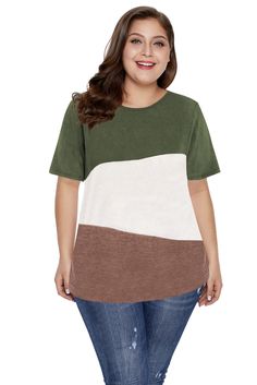 Green Plus Size Crew Neck Colorblock Tee Curves And Confidence, Female Clothes, Color Block Tee, Plus Size Tees, Minimalist Women, Summer Plus Size, Women Tshirt, Fashion Female, Top Summer