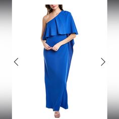 New With Tag Size 4 Blue Pre-draped Maxi Dress For Cocktail, Blue Pre-draped Dress For Spring, Blue Pre-draped Evening Dress, Blue One-shoulder Maxi Dress For Prom, One-shoulder Blue Maxi Dress For Prom, Blue Pre-draped Spring Dress, Blue One-shoulder Maxi Dress For Wedding, Spring Blue Evening Dress For Gala, Blue One-shoulder Cocktail Gown