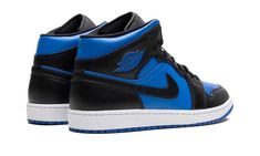 The Air Jordan 1 Mid "Varsity Royal" is a colorway of the lifestyle sneaker with a classic-looking appearance.  Inspired loosely by the Air Jordan 1’s original “Royal” colorway, the “Varsity Royal” Jordan 1 Mid features royal blue leather on the perforated toe, mid-panel, and collar.  Contrasting black leather overlays and a black leather Swoosh balance the look.  A Varsity Royal “Wings” logo can be seen on the collar while a Varsity Blue Jumpman is found on the tongue tag.  A white midsole and Royal Shoes, Jordan 1 Mid Black, Air Jordan 1 Mid Black, Jordan Shoes Retro, Jumpman Logo, Shoes Retro, Wings Logo, September 19, Stadium Goods