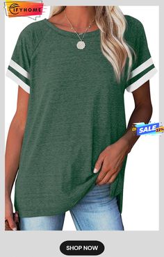 Green Plain Colorblock Raglan Sleeve T-shirt Full Figure Fashion, Color Block Tee, Short Sleeve Tunic, Striped Sleeve, Looks Chic, Tees For Women, Tunic Shirt, Basic Tops, Outfit Casual