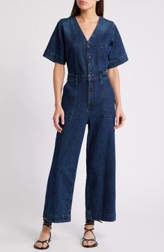 Make it one-and-done in a casual jumpsuit cut from dark-rinsed nonstretch denim. 52" length; 25" inseam; 23" leg opening (size Medium) Front button closure V-neck Short sleeves Front patch pockets 100% cotton Machine wash, tumble dry Imported Denim Utility Jumpsuit, Coverall Jumpsuit, Utility Jumpsuit, Casual Jumpsuit, Blue Moon, Jumpsuits For Women, Jumpsuit Romper, Make It, Jumpsuit