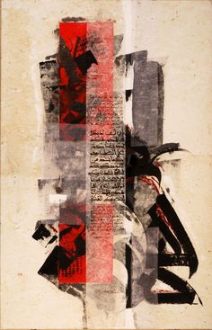 an abstract painting with red, black and white colors on it's paper texture