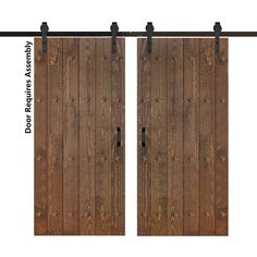 an open wooden door with black hardware on the bottom and side panels, which are attached to a metal bar