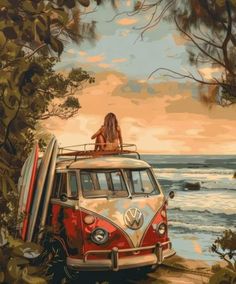 a painting of a woman sitting on top of a vw bus by the ocean