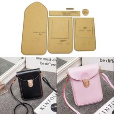 three different types of purses with tags on them and one has a small bag in the middle