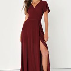 I Love This Dress But Never Worn It And Have No Occasions To Wear It To. There Have Been No Alterations, I'm 5'8 And Its Plenty Long And Would Be Perfect With A Heel. The Wrap Style Makes It Very Adjustable Too. Red Chiffon V-neck Maxi Dress, Red Long Chiffon Dress, Burgundy Fitted Short Sleeve Maxi Dress, Fitted Burgundy Maxi Dress With Short Sleeves, Red Flowy Maxi Dress For Formal Occasions, Burgundy Fitted V-neck Maxi Dress, Burgundy V-neck Maxi Dress For Night Out, Red Short Sleeve Bridesmaid Dress, Burgundy Maxi Dress For Bridesmaid