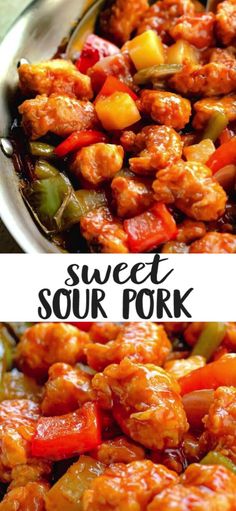 sweet and sour pork with peppers in a bowl