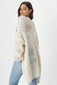 No matter what the day throws your way, the Lulus Crochet it Ain't So Ivory Oversized Cardigan Sweater is the cozy little layer that you'll always be able to rely on! This oversized cardi boasts an open-front silhouette and long sleeves with drop shoulders. Loosely crocheted yarn has a nubby boucle-inspired effect throughout! Fit: This garment fits true to size. Length: Mid-thigh. Size small measures 31" from shoulder to hem. Bust: Great for any cup size. Waist: Not Fitted - comfortable room throughout midsection. Hip: Not Fitted - room for hips. Fabric: Fabric is very stretchy. Unlined And Seer. 100% Acrylic. Hand Wash Cold. Do Not Bleach. Hang To Dry. Imported. Lulus | Crochet it Ain't So Ivory Oversized Cardigan Sweater | Size X-Small. Oversized Beige Open Knit Sweater, Oversized Bohemian Cardigan For Day Out, Oversized Cozy Tops For Daywear, Cream Oversized Sweater For Daywear, Cozy Oversized Tops For Daywear, Oversized Casual Neutral Cardigan, Cream Open Knit Sweater For Layering, Oversized Neutral Sweater For Layering, Oversized Sweater For Everyday Spring Wear