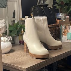 Bnwt Never Worn Offers Accepted Trendy Winter Cream Booties, White Padded Ankle Boot Heels, White Ankle Boot Heels With Padded Ankle, White Padded Ankle Heel Boots, Chic White Platform Heeled Boots, White Heels With Padded Ankle For Fall, Casual Cream Heels For Winter, Trendy Cream Booties With Round Toe, Trendy Cream High Heel Booties