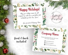 two business cards with holiday greetings on them next to christmas tree branches and ornaments