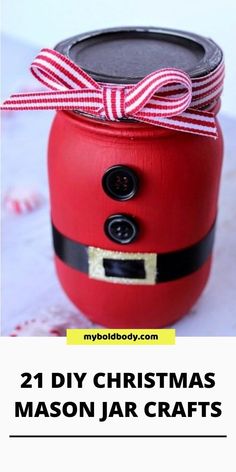 a mason jar with a santa hat on top and the words, diy christmas mason jar crafts