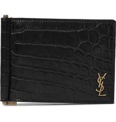 SAINT LAURENT's wallet is made from croc-effect leather and detailed with a gold-tone 'YSL' plaque. It has a slim design, but still has plenty of slots inside to keep you organised. Use the money clip to secure notes or receipts. Black Wallet Men, Wallet With Money, Saint Laurent Wallet, Leather Billfold, Gold Wallet, Billfold Wallet, Best Wallet, Black Wallet, Money Clip Wallet