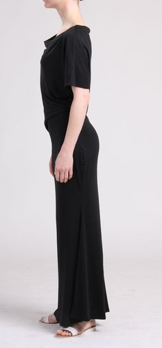 "SBlack off shoulder maxi dress in figure flattering shape with draped top Wear it for summer outdoor party and even casual going out Only one left! -Draped loose top -Fitted waist and hips -Mermaid skirt -Made of soft jersey fabric *Material - rayon / lycra *Care -Handwash Separately, No Bleach, Line Dry *Model is 33\" bust, 25\" waist, 35\" hips and 5'5\" height and she is wearing size small *Draped Maxi dress black is is available but cannot be exchanged or returned. Valid while supplies last Fitted Maxi Dress With Side Slits And Pre-draped Style, Fitted Pre-draped Maxi Dress For Summer, Fitted Asymmetrical Pre-draped Maxi Dress, Stretch Draped One-shoulder Dress For Night Out, Stretch Draped One Shoulder Dress For Night Out, Stretch Draped One Shoulder Evening Dress, Stretch One Shoulder Draped Evening Dress, Evening Stretch Draped One Shoulder Dress, Fitted Pre-draped Maxi Dress With Side Slits