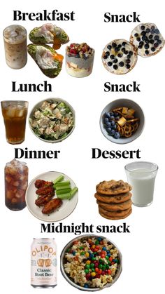 an image of food and drinks with words describing the different foods that are in each plate