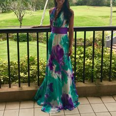 Long Beautiful Maxi Dress. I Wore It Recently For A Wedding In Hawaii! :) Pretty Flowers, Padded Bra Area, Halter Top With An Open Back. Super Flowey! Wedding In Hawaii, Purple Maxi, Purple Maxi Dress, Beautiful Maxi Dresses, Hawaii Wedding, Padded Bra, Padded Bras, Pretty Flowers, Green And Purple