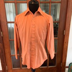 "Vintage 1970's Sears Mens Store Big Collar Perm Press Mens Shirt Retro Cool Nice clean vintage shape 15 1/2 32 Please use measurements as your guide 18\" Across the Shoulders 21.5\" Armpit to Armpit 30\" Collar to Bottom Length 22\" Sleeves" Retro Formal Shirt With Spread Collar, Classic Fitted Orange Shirt, Vintage Long Sleeve Orange Shirt, Vintage Orange Long Sleeve Shirt, Big Collar, Mens Shirt, Perm, Vintage 1970s, 1970s