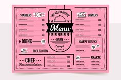 a pink menu with black and white lettering