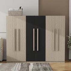 Available in black + natural wood, this wardrobe has six integrated doors and two built-in drawers in the middle for intimate clothing storage. Three hanging rods can accommodate a variety of clothing as needed, providing 8 storage spaces and 2 drawers to meet different storage needs. Each section can withstand up to 15 kg of weight for safe storage. The overall design is modern and simple, suitable for any contemporary home. It is both practical and beautiful, and is an ideal choice to enhance the style of the bedroom. Natural Wood And Black, Closet Storage Cabinets, Wooden Armoire, Hanging Clothes Rail, Bedroom Closet Storage, Wood And Black, Modern Closet, Bedroom Organization