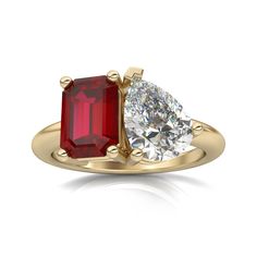 The newest addition to our ring family, this gorgeous Toi et Moi ring features a 1ct moissanite pear and 1ct lab-created ruby all set in 14k gold, 3.5 grams. Choose from yellow, white, or rose gold. Available also in half sizes by request.  This ring can be customized in different stone sizes, shapes, and colors. Big Engagement Rings, Jewellery Diy, Mother Rings, Linking Rings, Ruby Stone, Stone Engagement Rings, Stone Gold, Stone Engagement, Moissanite Ring