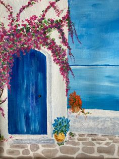 a painting of a blue door with pink flowers