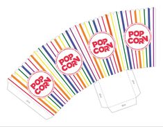 three colorful popcorn boxes with the word pop corn printed on each one and two different colors