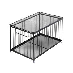 two black metal cages with drawers on each side and one has a wooden drawer in the middle