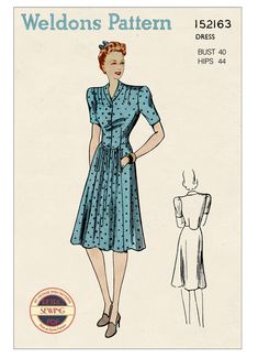 A really smart 1940s dress that features a button up bodice that is shaped at the bottom, back and  front, with a roll collar and short sleeves. The skirt  is in three parts with inset pockets either side of the front panel just below the shaped bodice. There are no fabric suggestions so something  like cotton, viscose or linen would work well. To fit Bust 40 ins. Waist 33 ins. and hip 43ins. This pattern includes Basic Step-by-Step  instructions and helpful sewing tips. The PDF pattern and inst Classic Vintage Dress With Short Sleeves And Fitted Bodice, Classic Vintage Dress With Fitted Bodice And Short Sleeves, Classic Short Sleeve Lined Vintage Dress, Vintage Short Sleeve Dress With Fitted Bodice For Daywear, Retro Vintage Dress With Short Sleeves For Formal Occasions, Classic Short Sleeve Vintage Dress For Daywear, Classic Vintage Short Sleeve Dress For Daywear, 1950s Style Vintage Short Sleeve Dress For Work, Vintage Short Sleeve Dress For Work