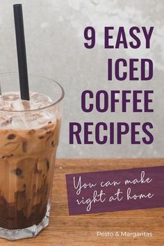 there is an advertisement for iced coffee on the table next to a glass with ice