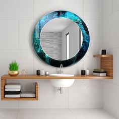 a bathroom with a sink, mirror and shelf