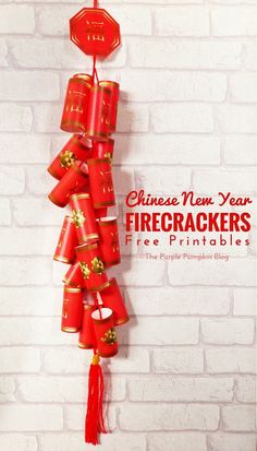 a red fire cracker hanging from a brick wall with the words chinese new year on it