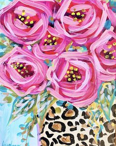 a painting of pink flowers in a leopard print vase