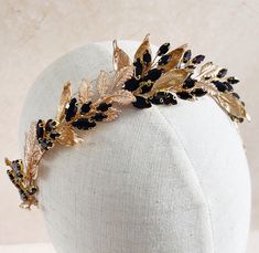 Introducing our black Crystal bridal crown, a stunning handmade piece that brings together the sparkle of glass crystals and the charm of metal leaves. This exquisite headband is crafted for timeless elegance, making every moment special. The headband features carefully arranged glass crystals that shimmer and catch the light, adding a radiant touch to your look. Among the crystals, you'll find gold metal leaves, bringing a natural and charming element to the headband for a perfect blend of soph Elegant Crown, Pearl Accessories, Black Bridal, Black Jewel, Metal Headbands, Crystal Headband, Gold Leaves, Metal Leaves, Bridal Headpiece