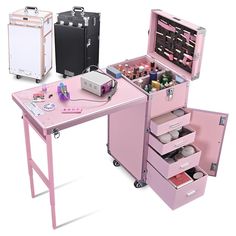 Yescom Mobile Makeup Station with 4 spinner wheels and 2 of the wheels are lockable, also the wheels with a detachable design for easy replacement, featuring an expandable floor-standing table and mirror, a Portable Bluetooth Speaker, and 4 large capacity drawers. High Quality: Dual-purpose which features an expandable floor-standing table that is crafted for primary use in a fixed location serves as a nail art workstation This makeup station is not intended for frequent moving or transportation Nails Table, Teenager Bedroom Design, Table And Mirror, Teenager Bedroom, Kitty Room, Rolling Makeup Case, Nail Desk, Nail Station, Table Makeup