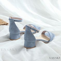 Lasaky - Womens Nude Strappy Sandals with Chunky Heels and Soft Soles Blue Sandals With Low Stacked Heel, Light Blue Sandals With Ankle Strap And Heel Strap, Light Blue Sandals With Heel And Ankle Strap, Light Blue Sandals With Padded Block Heel, Light Blue Block Heel Sandals With Padded Heel, Light Blue Sandals With Heel Strap And Round Toe, Summer Light Blue Low Heel Shoes, Blue Low Heel Heels With Buckle Closure, Trendy Blue Low Heel Shoes