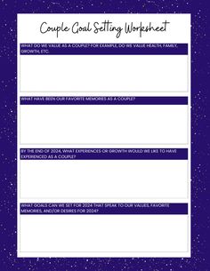 a purple and blue poster with the words couple goal setting worksheet