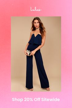 You'll be absolutely irresistible when you're wearing the Lulus Power of Love Navy Blue Strapless Jumpsuit! Stretch crepe knit shapes a strapless bodice with a fluttering tier, hidden V-bar, and no-slip strips. A high, fitted waist tops relaxed wide leg pants. Hidden back zipper/hook clasp. Fit: This garment fits true to size. Length: Floor length. Size medium measures 55.5" from top to bottom. Inseam: 32.50 Front Rise: 14.00 Bust: Works best for A to C cup sizes. Waist: Fitted - very fitted at natural waist. Hip: Fitted - stretchy fabric allows room for hips. Undergarments: May be worn with petals, or no bra. Fabric: Fabric is very stretchy. Unlined. 96% Polyester, 4% Spandex. Hand Wash Cold. Do Not Bleach. Line Dry. Iron Low Heat. Imported. Lulus | Power of Love Navy Blue Strapless Jumps Strapless Blue Jumpsuit For Party, Strapless Ruffled Jumpsuits And Rompers For Date Night, Strapless Sleeveless Ruffles Jumpsuit For Date Night, Blue Strapless Jumpsuit For Party, Elegant Blue Sleeveless Tube Top, Elegant Blue Tube Top For Party, Elegant Blue Strapless Tube Top, Flirty Strapless Jumpsuits And Rompers For Date Night, Flirty Strapless Jumpsuits For Date Night