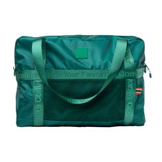 Meet the 7-Eleven® Weekender Duffle Bag: Your ideal travel partner for those on-the-go moments. This green bag features eye-catching webbing, proudly declaring "your favorite convenience," making it a stylish statement piece. Whether it's a weekend escape or daily excursions, this spacious and fashionable duffle bag is Green Tote Weekender Bag For On-the-go, Sporty Rectangular Shoulder Bag For Travel, Packable Nylon Bags For Weekend Trips, Weekend Nylon Bag With Zipper Closure, Green Travel Bag For On-the-go, Sporty Rectangular Travel Bag, Rectangular Nylon Bag For Weekend, Rectangular Nylon Bags For Weekend, Rectangular Nylon Weekend Bag