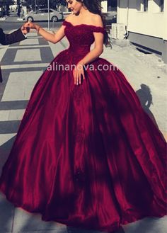 burgundy wedding dresses satin ball gown off the shoulder Quinceanera Ball Gown With Sweep Train, Floor-length Ball Gown With Sweep Train For Quinceanera, Quinceanera Gown With Sweep Train, Quinceanera Floor-length Gown With Sweep Train, Floor-length Gown With Sweep Train For Quinceanera, Quinceanera Dress For Wedding And Prom Season, Banquet Quinceanera Dress With Sweep Train, Burgundy Wedding Dresses, Burgundy Quinceanera