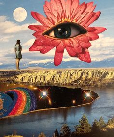 an eye looking at a person standing on a hill next to a lake with a rainbow colored flower in the foreground