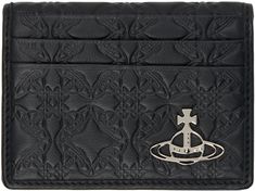 Nappa leather bifold card holder in black. · Graphic pattern embossed throughout · Logo hardware at face · Four card slots at exterior · Six card slots at interior · Two note slots · Nappa leather interior · Moiré lining · H3 x W4 x D0.5 Supplier color: Black Designer Black Wallet With Embossed Logo, Luxury Embossed Leather Wallet, Black Rectangular Wallet With Engraved Logo, Luxury Leather Embossed Wallets, Designer Black Wallet With Engraved Logo, Designer Black Wallets With Engraved Logo, Black Rectangular Wallet With Embossed Logo, Black Luxury Card Holder With Engraved Logo, Black Leather Wallet With Embossed Logo