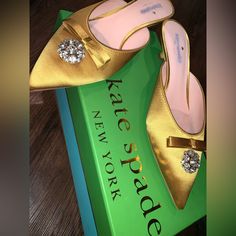 Kate Spade Vintage Mustard Yellow Pointed Toe Bedazzled Kitten Heel - Never Worn - Size 7.5 Great Shape! Never Worn. Small Kitten Heel Chic Kate Spade Heels For Wedding, Kate Spade Closed Toe Party Heels, Elegant Embellished Slip-on Heels, Kate Spade Pointed Toe Party Heels, Small Kitten, Small Kittens, Kate Spade Shoes, Kitten Heel, Mustard Yellow