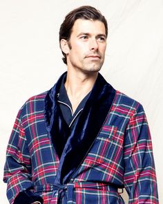 Petite Plume wishes you a “bonne nuit,” and in their luxury sleepwear, it’s hard not to oblige. Crafted in exquisite cotton, with the finest attention to detail, Petite Plume delivers the utmost comfort and sophistication. Crafted from the finest quality yarn-dyed cotton, the Men’s Windsor Tartan Velvet Robe boasts a a fun yet traditional pattern, velvet trim, and is specially brushed so that it will get softer and cozier with every wash. Product Details 100% cotton. Care Instructions Machine wa Luxury Long Sleeve Robe For Loungewear, Elegant Cotton Sleepwear For Night, Luxury Sleepwear, Traditional Pattern, Velvet Trim, The Men, Collar And Cuff, A A, Windsor