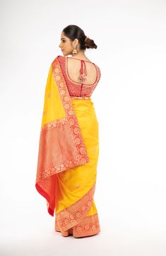 Engrossing Yellow and Red Color Handloom Banarasi Silk Saree – Panache Haute Couture Designer Red Paithani Silk Traditional Wear, Designer Red Paithani Silk Pre-draped Saree, Transitional Yellow Paithani Silk Lehenga, Dola Silk Lehenga For Puja, Wedding Handloom Choli In Dola Silk, Unstitched Banarasi Silk Blouse For Puja, Red Paithani Silk Pre-draped Saree With Unstitched Blouse, Red Pre-draped Saree With Unstitched Blouse In Paithani Silk, Yellow Blouse Piece With Zari Weaving For Traditional Ceremonies