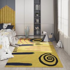 a bedroom with a yellow rug on the floor