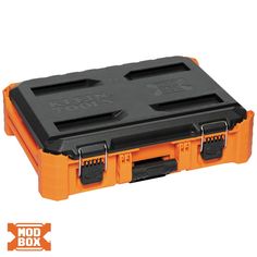 an orange and black tool box with two compartments on the bottom, one is open