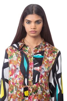 Shop for Anamika Khanna Multi Color Pure Silk Floral Print Shirt Dress for Women Online at Aza Fashions Designer Summer Printed Blouse, Designer Multicolor Floral Print Blouse, Designer Multicolor Print Shirt For Spring, Designer Multicolor Floral Print Shirt, Multicolor Silk Shirt For Spring, Multicolor Floral Print Shirt Dress For Work, Silk Blouse With Abstract Print For Spring, Spring Silk Blouse With Abstract Print, Shirt Dress For Women