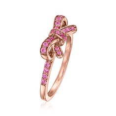 Ross-Simons - .30ct t. w. Pink Sapphire Bow Ring in Gold Over Sterling. Size 7. An RS exclusive. Our on-trend bow ring sparkles with .30 ct. t. w. round pink sapphires in 18kt rose gold over sterling silver, offering the prettiest pop of pink for your stylish stack. 1/4" wide. Pink sapphire bow ring. Bow Ring, Sparkling Rings, Pink Ring, Pink Bow, Pink Sapphire, Unique Vintage, Sapphire, Size 7, Sparkle