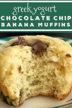 a chocolate chip banana muffin on a green and white plate with text overlay