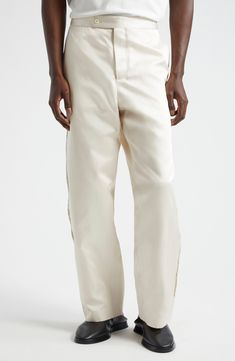 Satin rope replaces the expected satin stripes down the outseams of these silk-twill tuxedo pants inspired by a formal jacket from the late 20th century. Zip fly with button-tab closure Front slant pockets; back flap pockets Side-buckle waist adjusters 100% silk Dry clean Imported Designer Clothing Formal Cream Pants With Straight Hem, Formal Jacket, Hairstyling Products, Tuxedo Pants, Rollerball Perfume, Beauty Sale, Fragrance Design, Fabric Gift Bags, Silk Twill